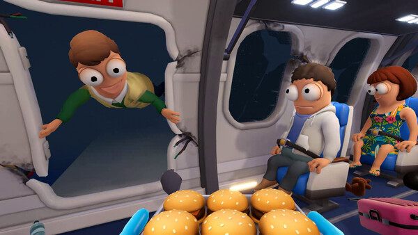 Crew serving food in a damaged passenger cabin