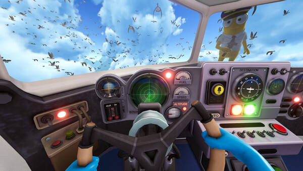 Cockpit view during a chaotic bird strike in Dear Passengers