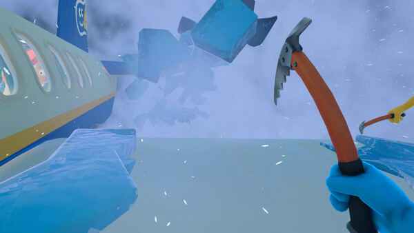 Crew member repairing a frozen wing with a pickaxe