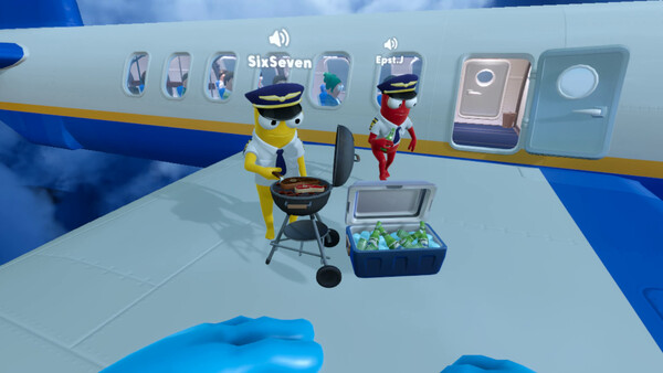 Crew members cooking on an airplane wing